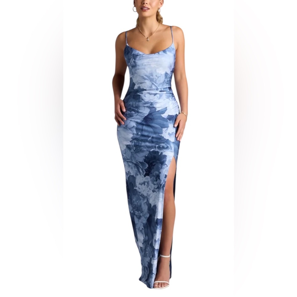 NWT Windsor Isa Cowl Neck Ultra Long Maxi Blue Floral Slip Dress Size XL Formal